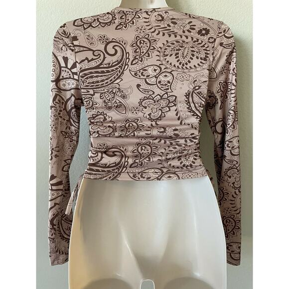 Brown Paisley Ruched Drawstring Side Long Sleeve Stretchy Crop Top Size S - Picture 6 of 7